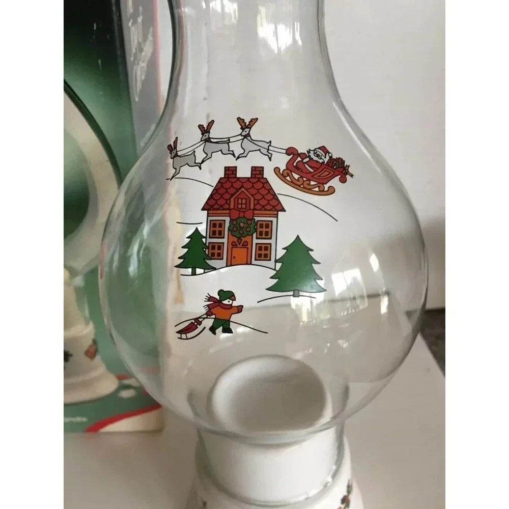 Brazil Glass Beaded Rim Hurricane Lamp & Ceramic Candle Holder Santa Sleigh XMAS